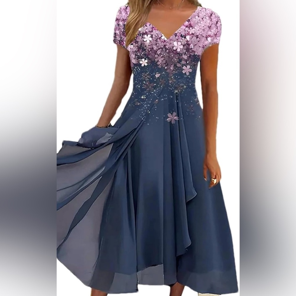 Blue and lavender v-neck dress fully lined with side zipper closure